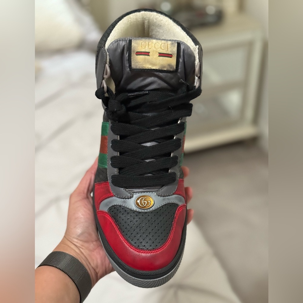 Gucci “Screener” Men’s High-Top Sneakers - Black & Red - Distressed